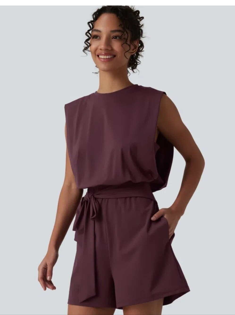 Halara Round Neck Sleeveless Tie-front Cool Touch Casual Romper with Pockets M